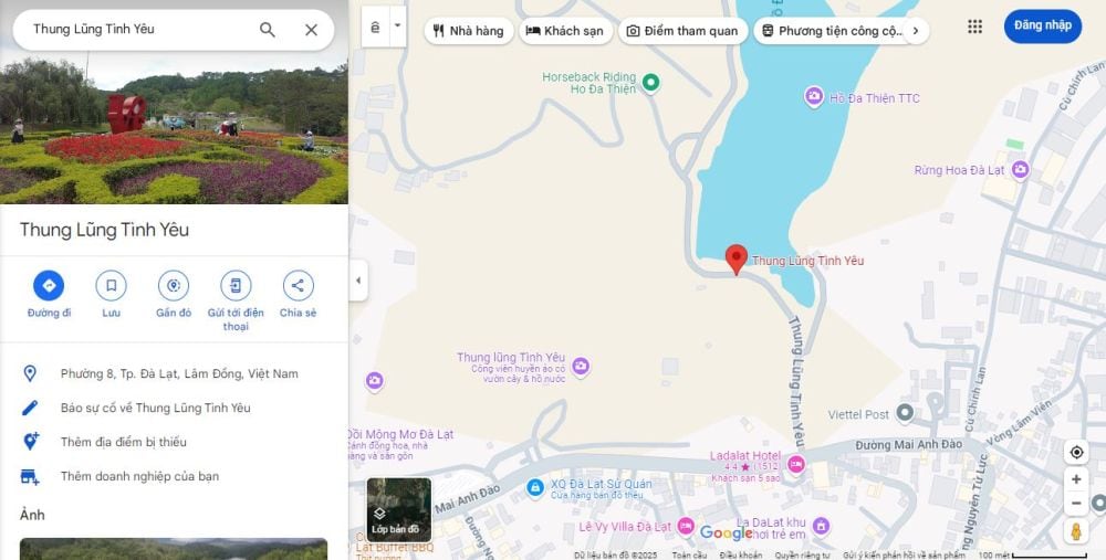 Địa chỉ của Thung lũng Tình Yêu Đà Lạt là số 357, đường Mai Anh Đào, Phường 8, Thành phố Đà Lạt, tỉnh Lâm Đồng
